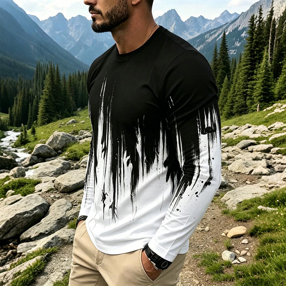 メンズグラデーションインクスプラッシュ長袖Tシャツカジュアル - Vintage Fashion For Men のレビューと価格